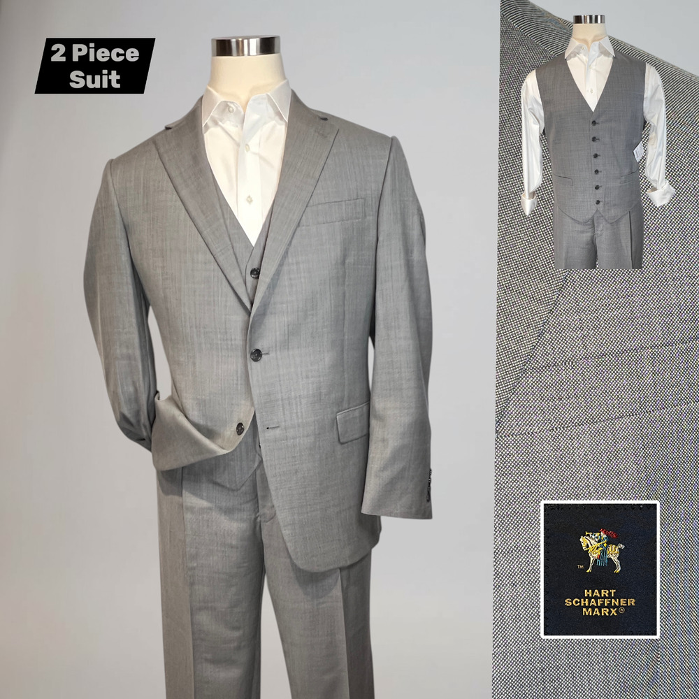 Hart Schaffner Marx 3 Piece Suit 44L 38x29.5 Chicago Fit Gray Birdseye Note